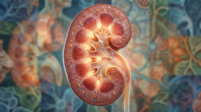 Detailed cross section of a healthy human kidney showcasing intricate internal anatomy and biological structure