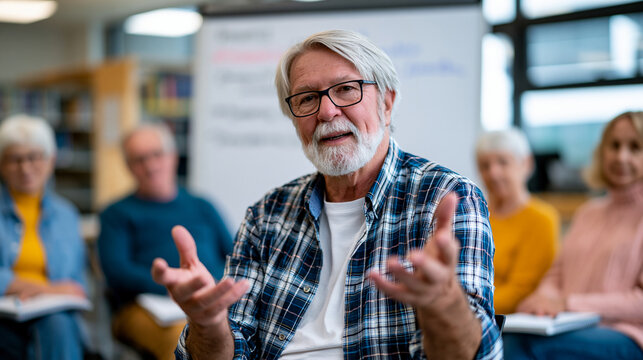 Retired English teacher in his seventies leads a senior creative writing circle at a library branch, gesturing toward a whiteboard with prompts written in marker, a half-circle of older adults with 