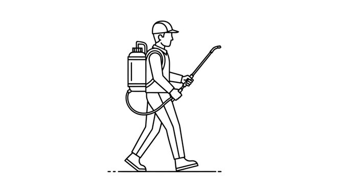 Line art illustration of a person wearing a backpack sprayer and holding a spray wand, walking, depicting pest control or gardening work.