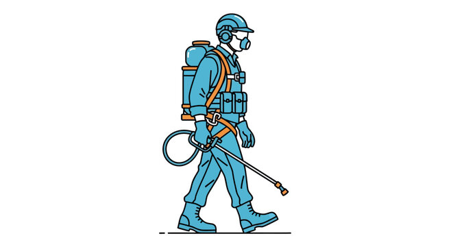 Illustration of a worker in full protective gear, including a helmet, mask, and suit, carrying a backpack sprayer and holding a wand, ready for pest control or chemical application.