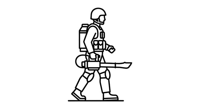 Line art illustration of a person in protective gear carrying a backpack sprayer and a fogging machine, walking.