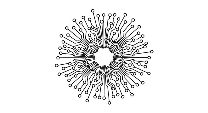 Abstract black and white circular circuit board pattern resembling a technological snowflake or a complex neural network diagram.