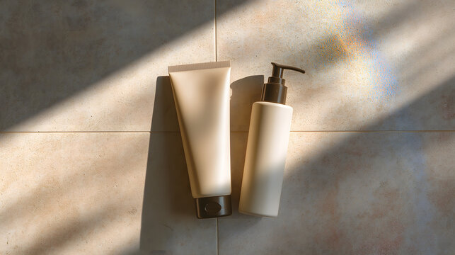 Two beige cosmetic tubes flat lay on stone surface with soft window light shadows