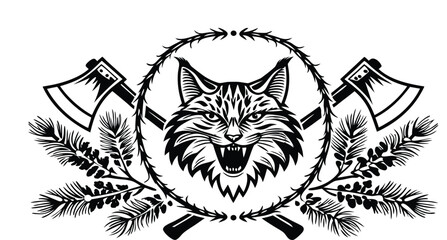 Obraz premium A high-contrast, black-and-white ink illustration centered on a cream-colored background. The main subject is a stylized lynx head, facing directly forward with its mouth open in a fierce expression, 