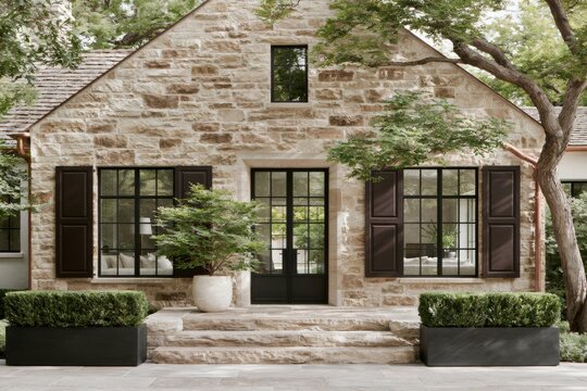 Warm limestone manor house facade with steep gabled roof, large windows, and dark shutters, surrounded by greenery and stone steps leading to the entrance