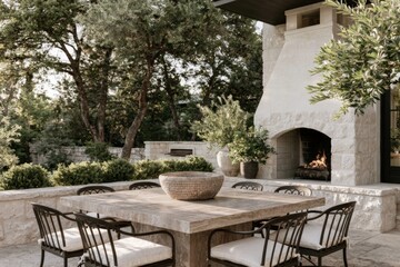 Fototapeta premium Outdoor dining terrace featuring a limestone manor house with a stone fireplace, surrounded by lush greenery and a wooden dining table with black chairs