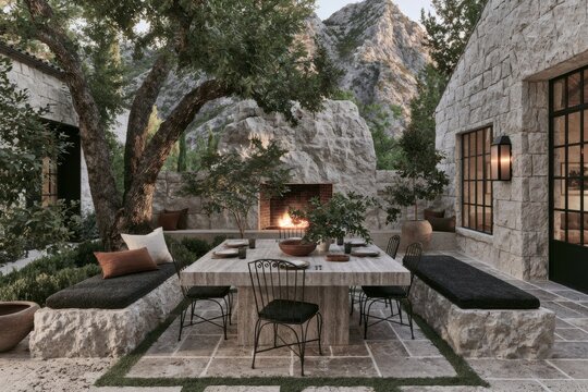 Outdoor terrace of a limestone manor featuring a stone dining table, black chairs, and lush greenery at golden hour with mountains in the background