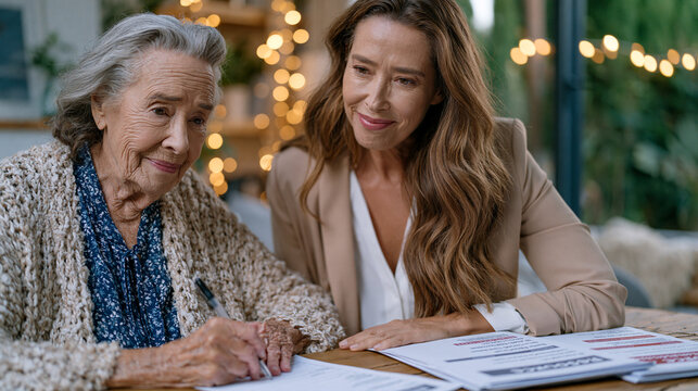 Elderly resident sitting across from a trained advocate inside a softly lit safe house common room completing intake paperwork with trembling hands while a support counselor leans forward with stead