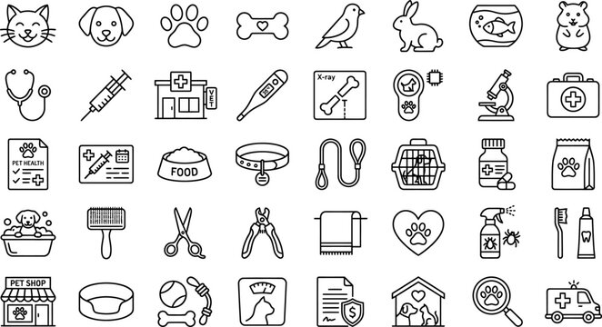 Veterinary medicine and pet care line icon set with x ray veterinary medicine diagnosis stethoscope