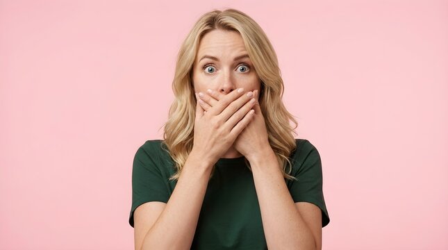 Blonde woman in a green shirt covers her mouth with her hands expressing shock in front of pink background studio