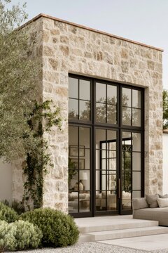 Closeup of warm limestone facade detail meeting dark framed glass windows of a modern architectural structure surrounded by greenery and a stone pathway
