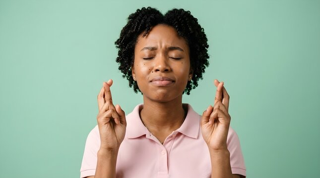 Young african american woman with curly hair keeping her fingers crossed while hoping for good luck in studio portrait shot