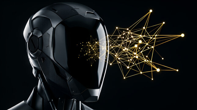 Android head profile displays complex glowing data networks emerging from its visor against a deep black background to symbolize the rapid advancement of artificial intelligence and machine learning.