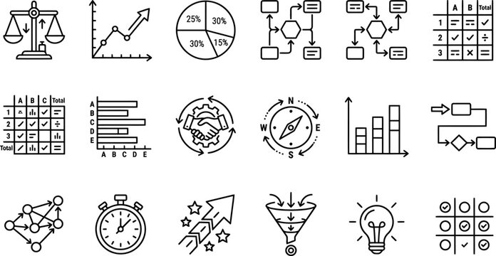 Business planning and data visualization doodle icon collection with hand drawn business planning flowchart