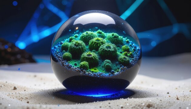 Bioluminescent Microbial Culture Glowing with Vibrant Green and Blue Under UV Light