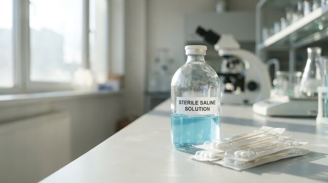 Sterile saline solution bottle with blue liquid on laboratory countertop beside medical supplies