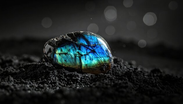 Raw Labradorite Gemstone with Vibrant Blue and Green Iridescent Flashes on Dark Textured Surface