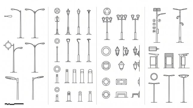 Mixed Urban Lighting Asset Library Plan Elevation View Street Lights CAD Infrastructure Symbol Collection