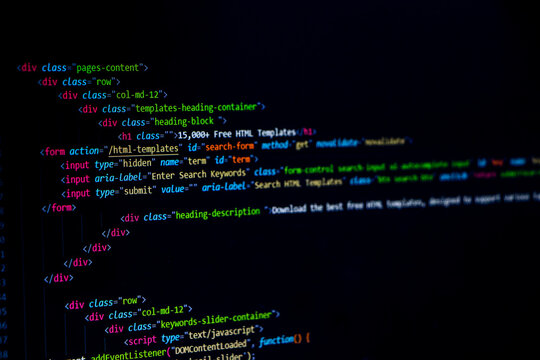 Data security coding screen. Technology abstract background of coding screen for web design, software development, data analysis, data security concept.
