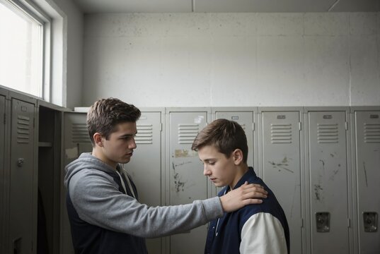 Teenage boy comforting sad friend in school locker room. Male students showing support and empathy in high school setting. Mental health and friendship concept
