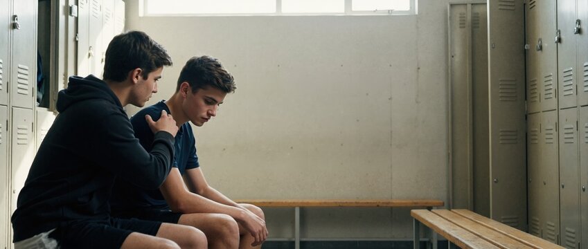 Teenage boy comforting sad friend in school locker room. Support and empathy between two young men. Mental health and friendship concept