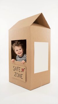 Happy young boy playing in cardboard box house. Vertical photo of child in homemade fort with safe zone sign. Creative play and childhood imagination concept