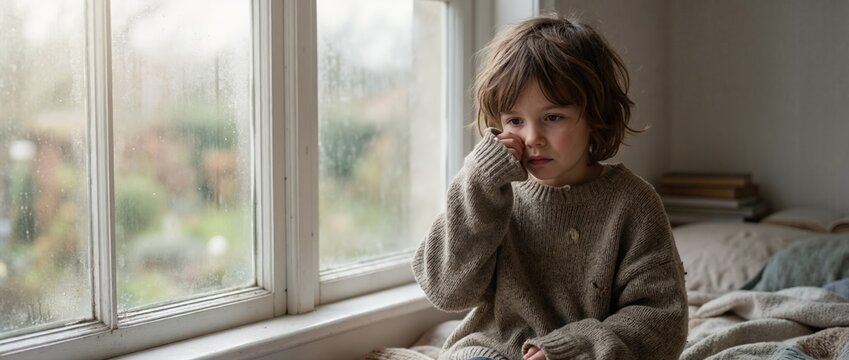Sad child sitting on bed looking out window. Lonely kid in oversized sweater. Concept of pensive childhood and isolation