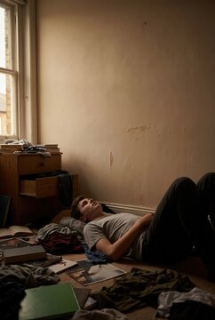 Young man lying on floor in messy room. Depressed male student staring at ceiling. Mental health and isolation concept