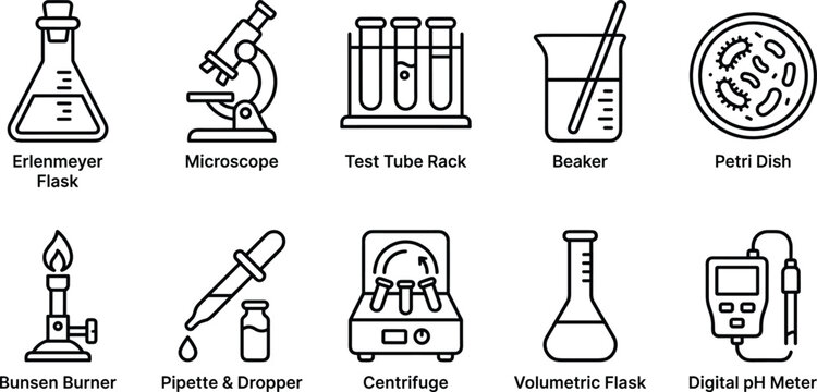 Science and laboratory equipment blue line icon set, flask, microscope, test tubes, beaker, centrifuge, ph meter, vector illustration,