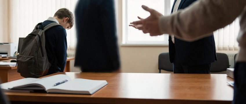 Schoolboy with backpack being reprimanded by adults in office. Student in trouble facing authority figures. Concept of school discipline and conflict