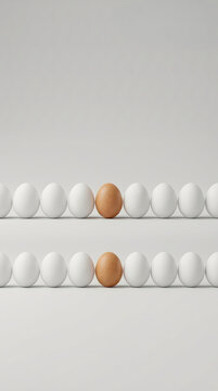Vertical composition of white eggs in rows with one brown egg. Vertical photo of individuality and standing out from crowd concept. Minimalist food background