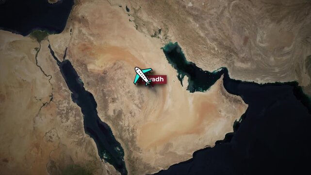 Airplane Flight Path Animation from Riyadh to London on Satellite Map