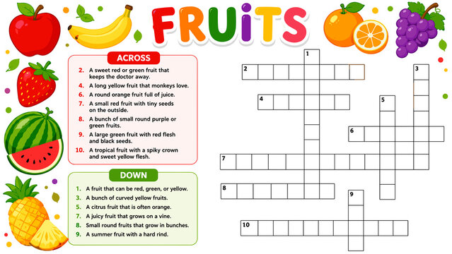 Colorful fruit-themed crossword puzzle for kids. Bright letters and images of apples, oranges, grapes, and more. Educational activity for children learning about fruits