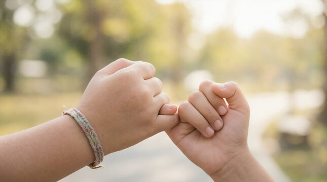 Close up of children making pinky swear promise outdoors. Friendship and trust concept with kids hands in sunlit park. Childhood bond and agreement gesture