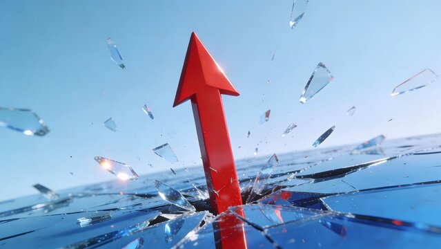 Red arrow breaking through glass ceiling symbol for business success and growth