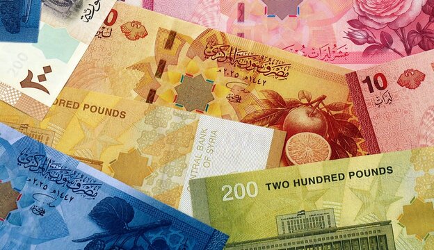Syrian pound money bills in pile on table. Syria SYP currency cash close up