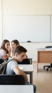 Vertical portrait of teenage boy with hearing aid in classroom. Classmates whispering in background. Social exclusion and bullying concept
