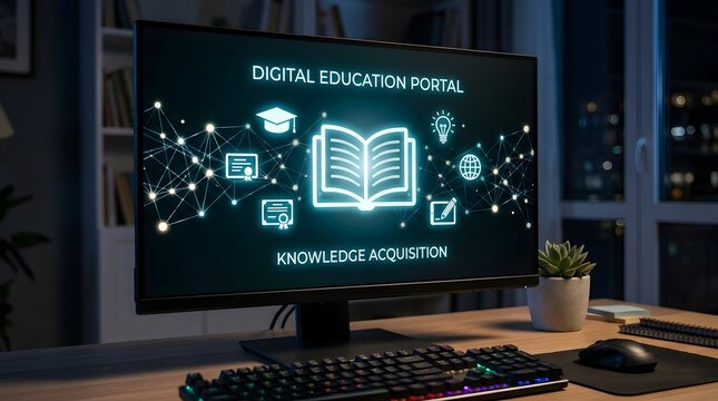 E-learning portal and online education concept with computer monitor displaying learning platform interface surrounded by books in study environment