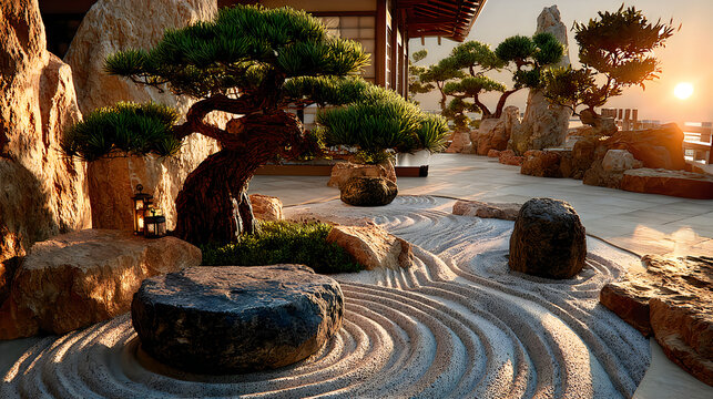 Japanese meditation garden bonsai tree raked sand relaxing landscape wallpapers