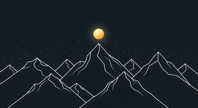 Minimalist hand-drawn mountain range illustration with a full glowing moon above