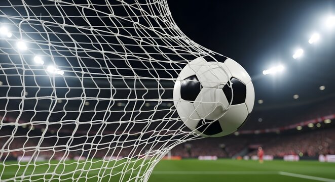 Soccer ball hitting back of net scoring goal with football, professional