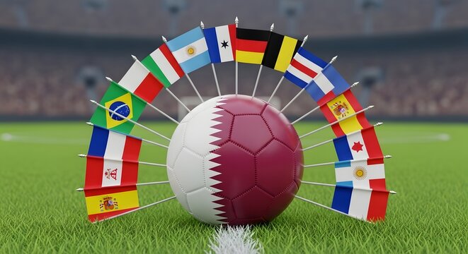 Soccer ball patterned with qatar flag surrounded by international flags