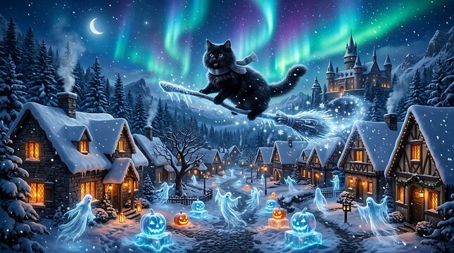 Magical flying black cat over snowy Halloween village with glowing jack o lanterns