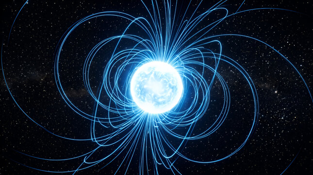 Star pulsar emits powerful blue magnetic field lines that curve through the deep expanse of space to illustrate complex astrophysical phenomena and cosmic energy radiation in the vast universe.
