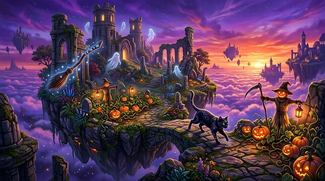 Fantasy Halloween Scene Featuring Witches Castles And Floating Ghostly Landscapes