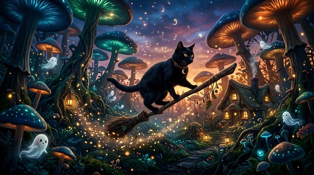 Black Cat Flying on Broomstick Through Magical Mushroom Forest at Night