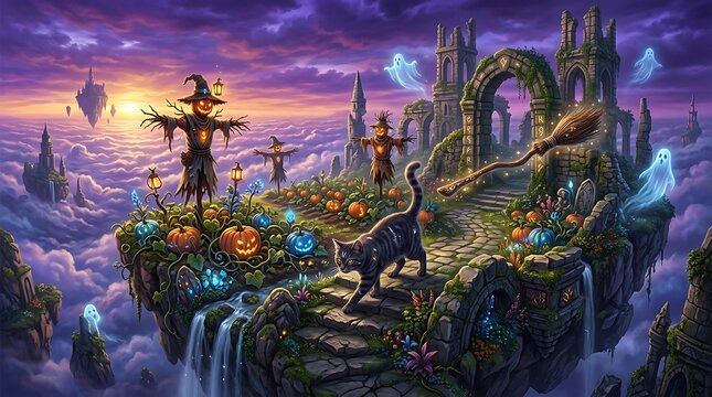 Fantastical Halloween Scene Featuring Witches Flying Over Magical Cloud Castle Landscape