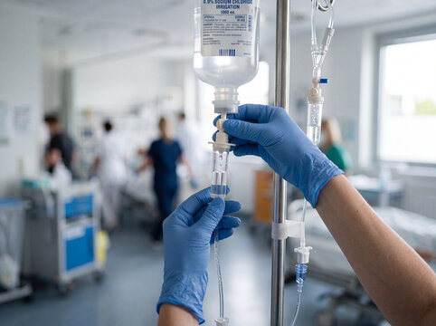 Healthcare worker adjusting an intravenous saline drip in a bright hospital ward. Close-up of gloved hands managing IV infusion equipment during patient treatment and clinical care.
