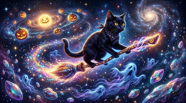 Fantasy black cat flying with broomstick through space with jack o lanterns