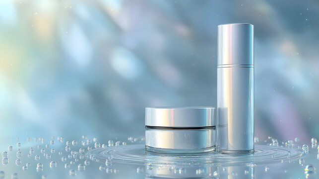 Silver cosmetic jar and bottle mockup on blue pearlescent background with particles